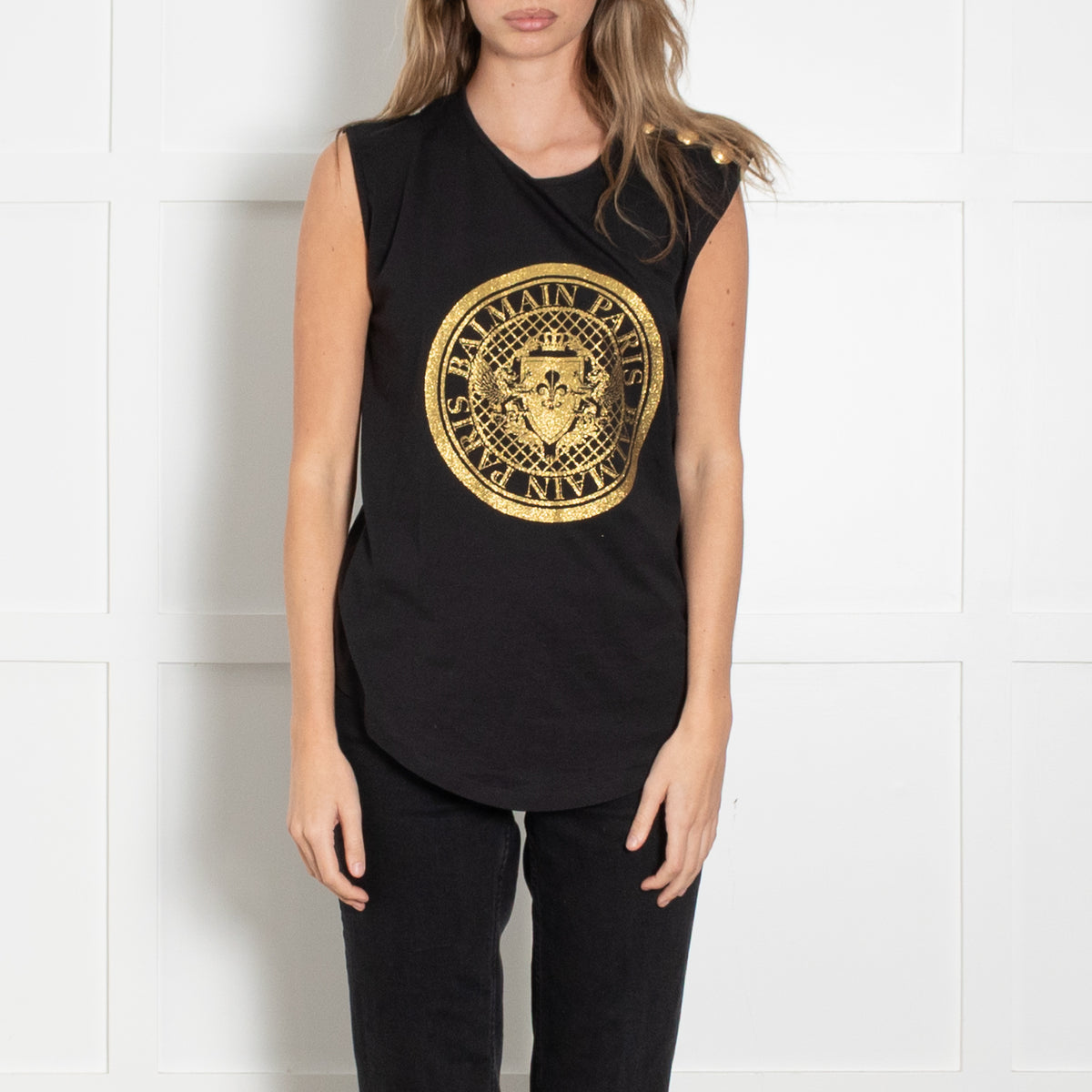 Balmain Sleeveless Gold Glitter T-Shirt