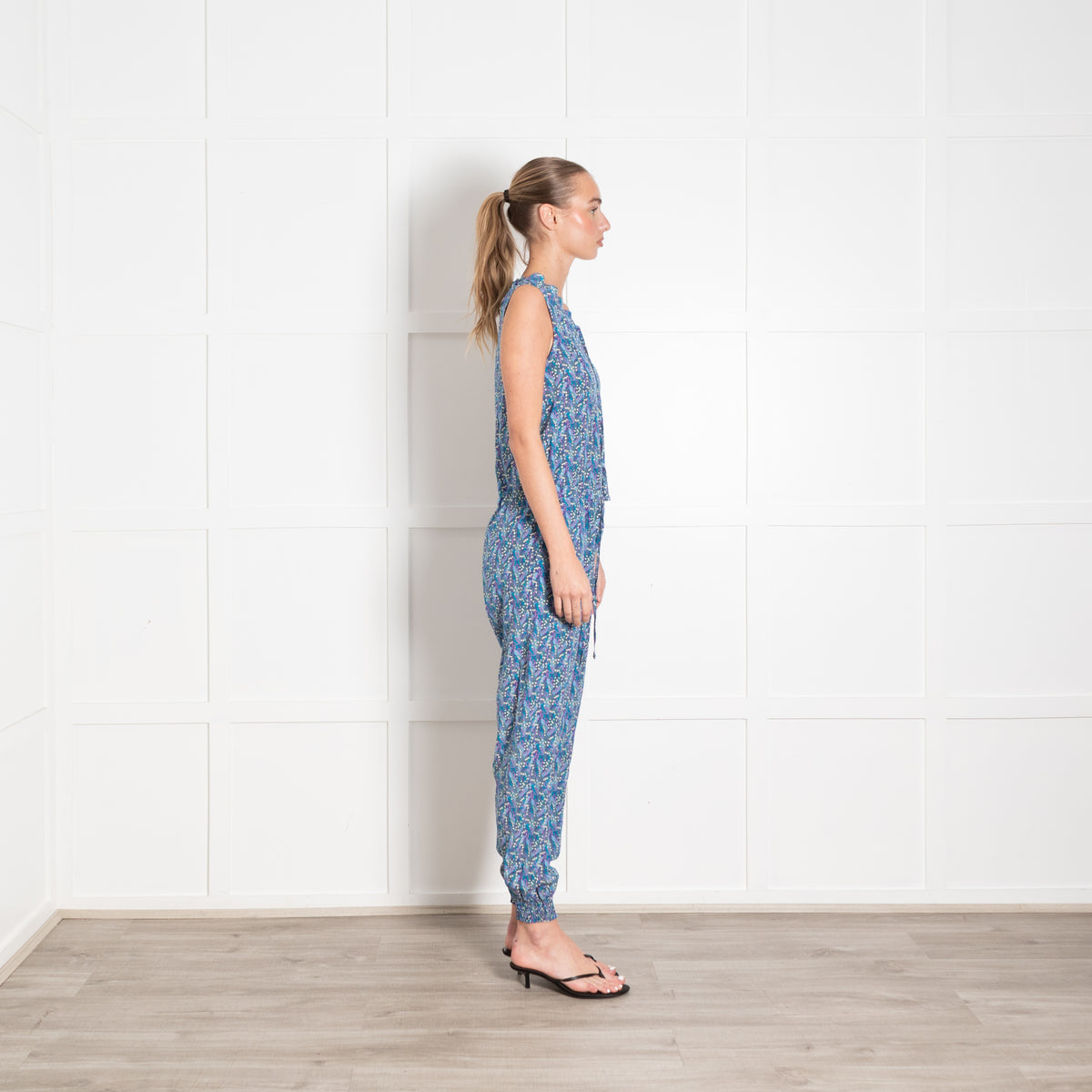 Ridley Blue and Green Silk Ditsy Floral Sleeveless Jumpsuit