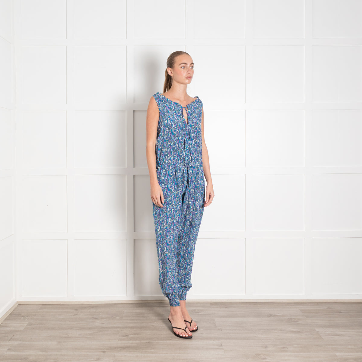 Ridley Blue and Green Silk Ditsy Floral Sleeveless Jumpsuit
