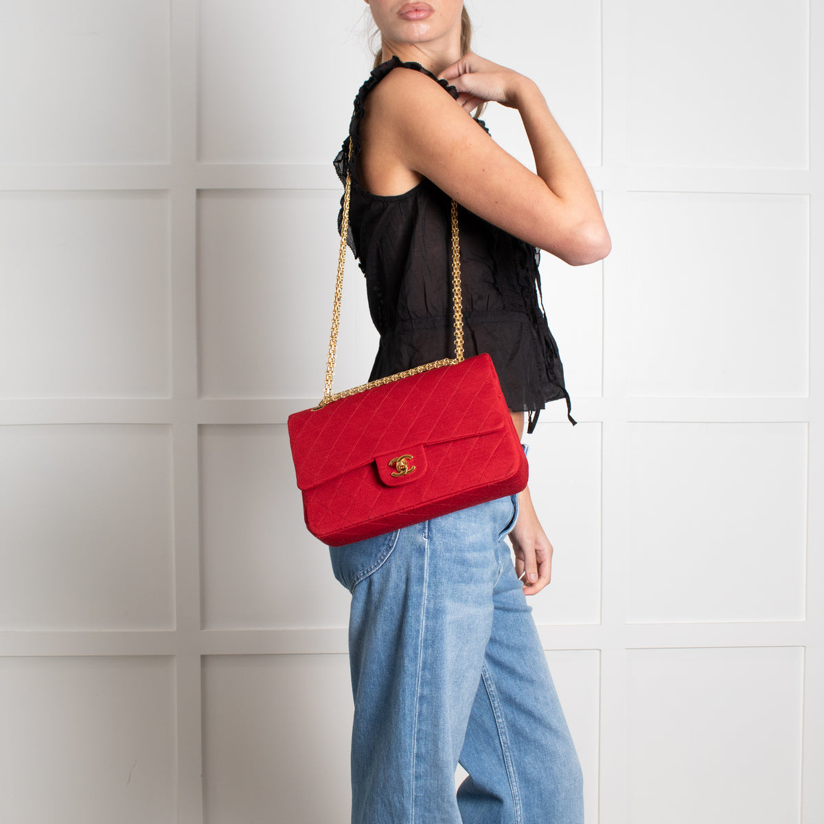 Chanel Red Jersey Quilted Medium Double Flap Handbag