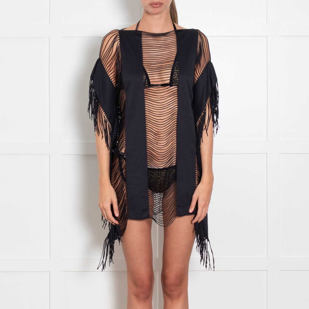 PilyQ Black Fringed Beach Cover Up