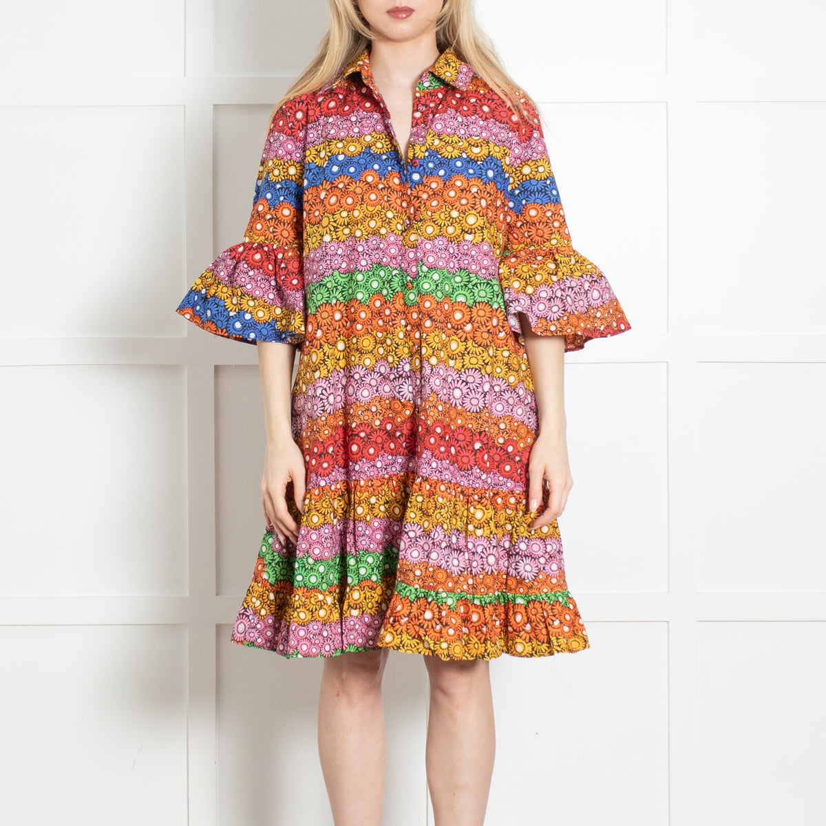 La Double J Multicolour Floral Cotton Short Sleeve Oversized Frill Trim Dress