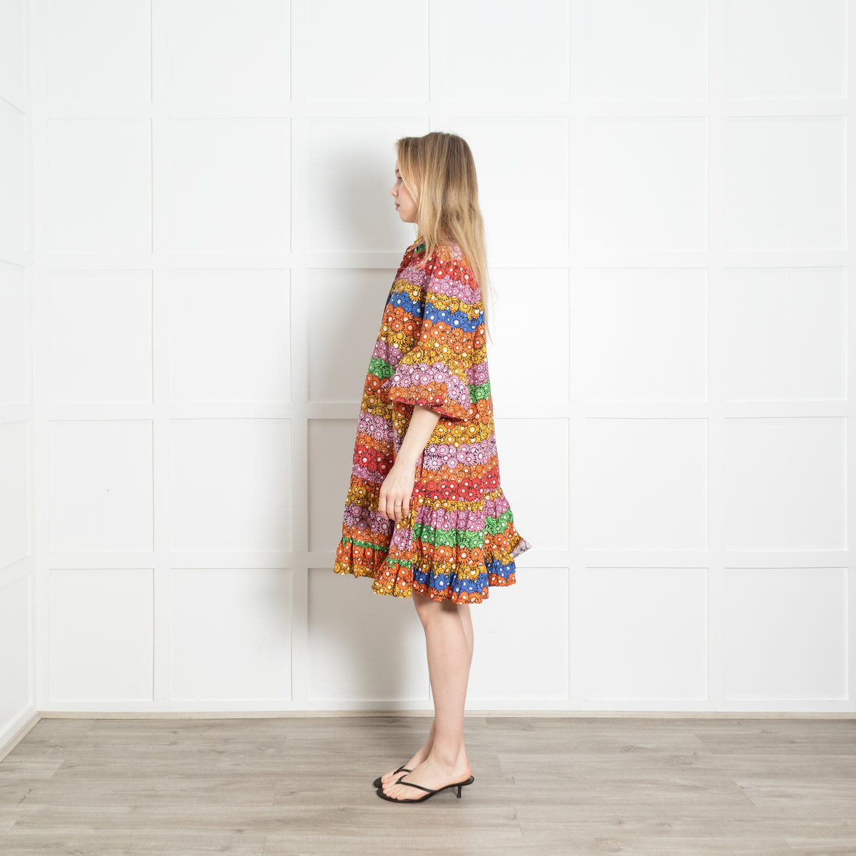 La Double J Multicolour Floral Cotton Short Sleeve Oversized Frill Trim Dress