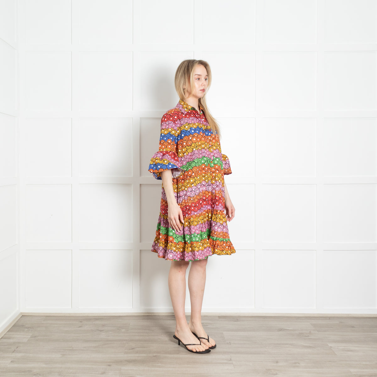 La Double J Multicolour Floral Cotton Short Sleeve Oversized Frill Trim Dress