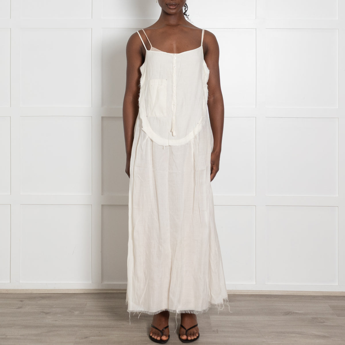 Umit Unal Cream Distressed Midi Dress with Slip