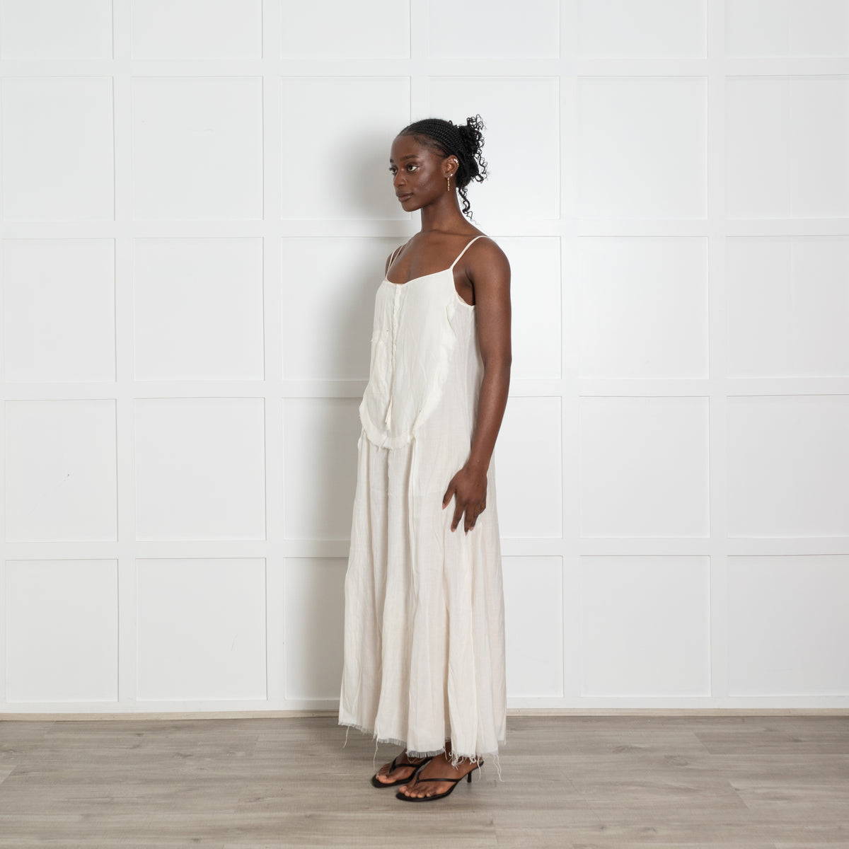 Umit Unal Cream Distressed Midi Dress with Slip