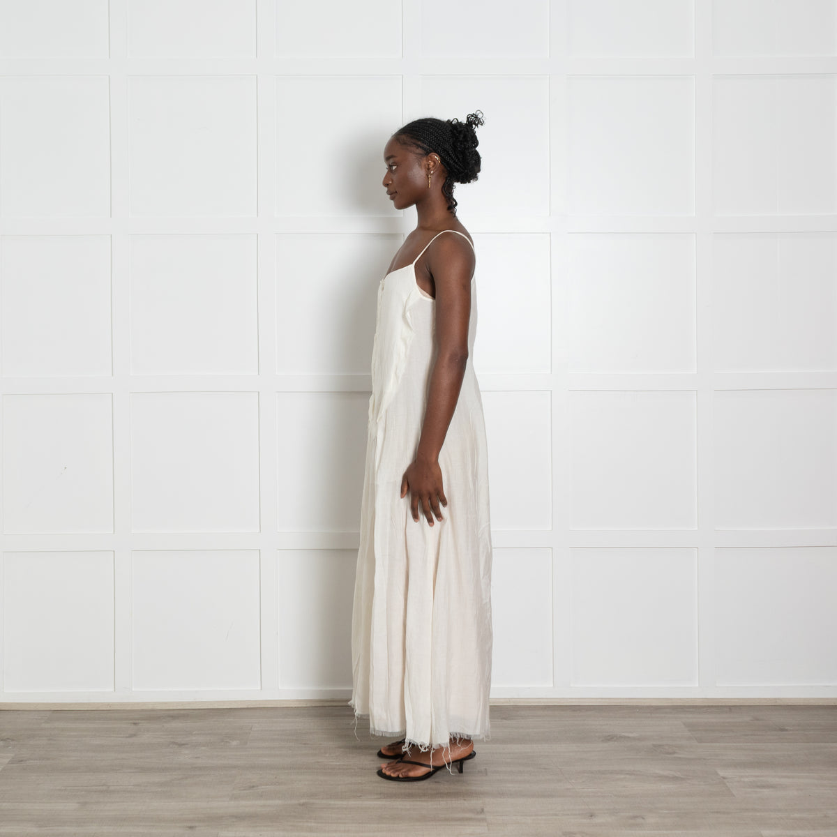 Umit Unal Cream Distressed Midi Dress with Slip