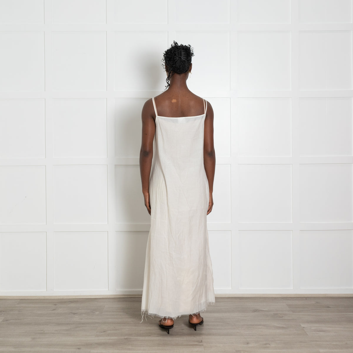 Umit Unal Cream Distressed Midi Dress with Slip