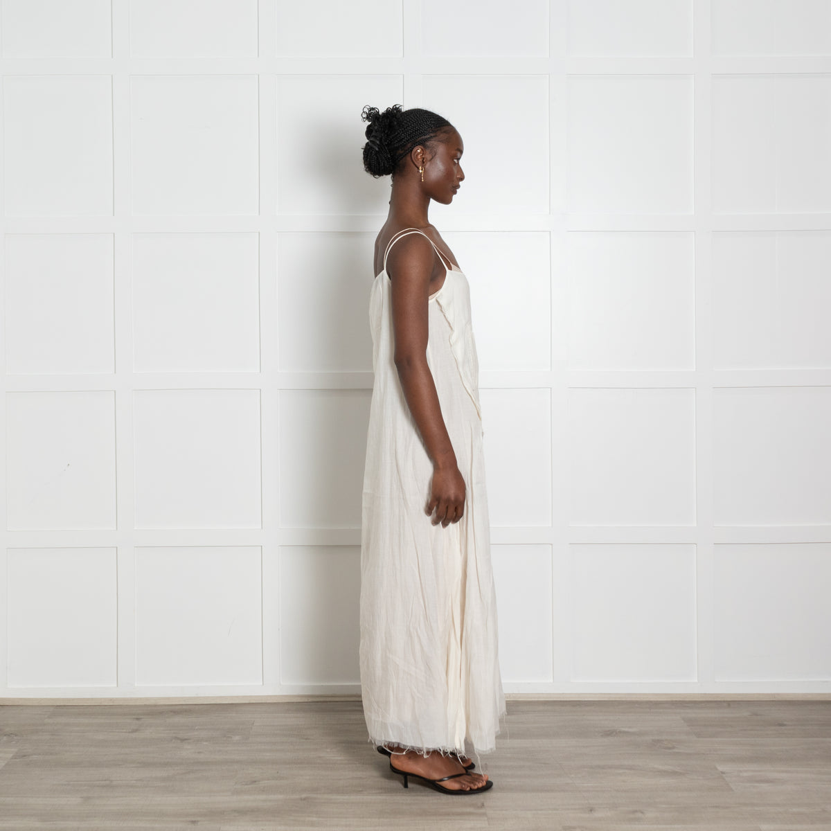Umit Unal Cream Distressed Midi Dress with Slip