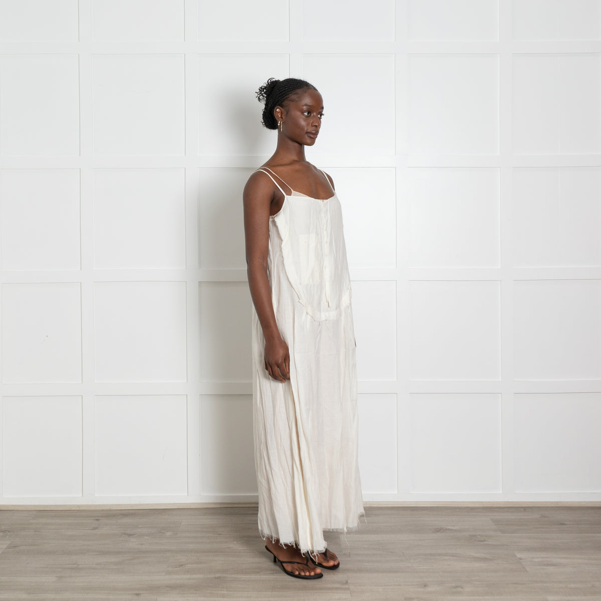 Umit Unal Cream Distressed Midi Dress with Slip