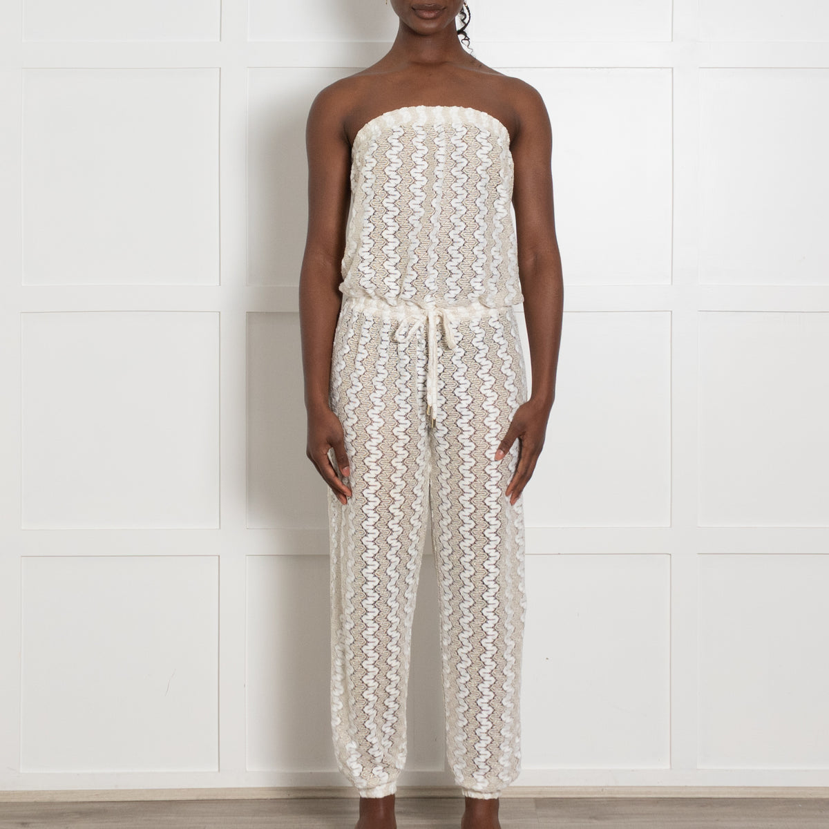 Melissa Odabash Cream and Gold Crochet Bandeau Jumpsuit