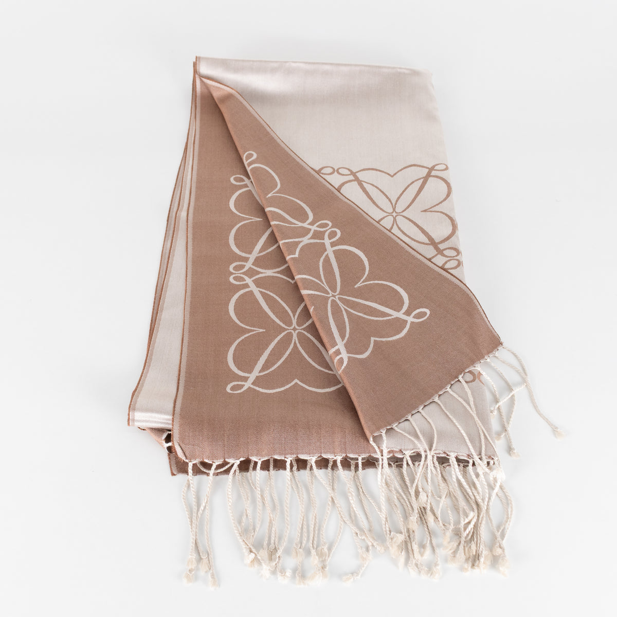Loewe Brown Fine Silk Jacquard Logo Tassle Scarf
