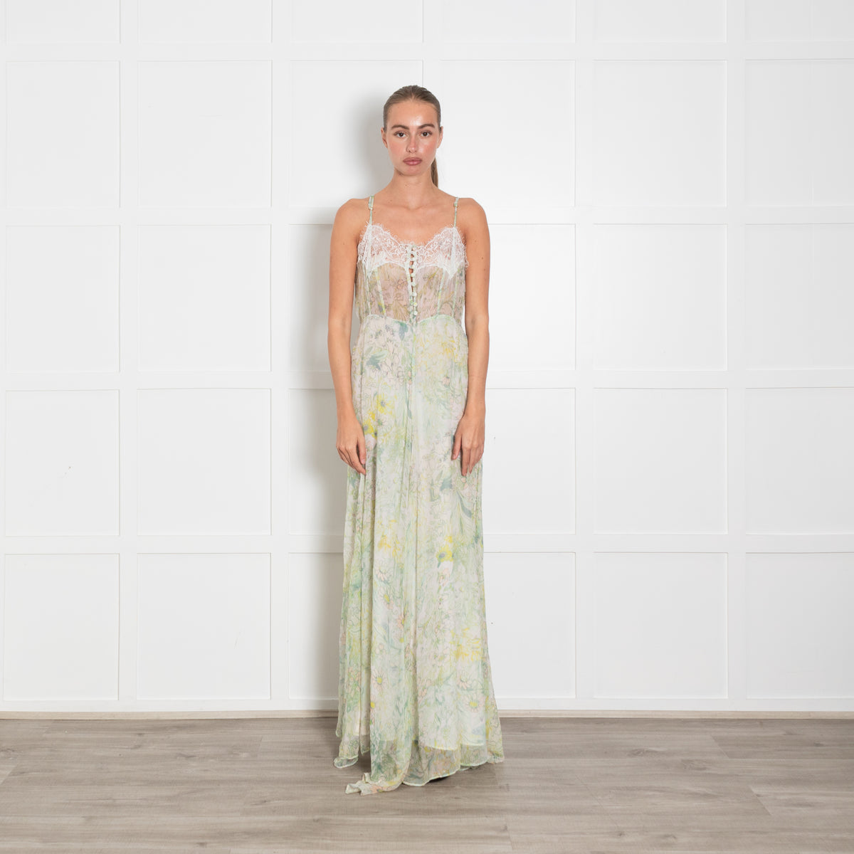 LoveShackFancy Green Floral Slip Maxi Dress