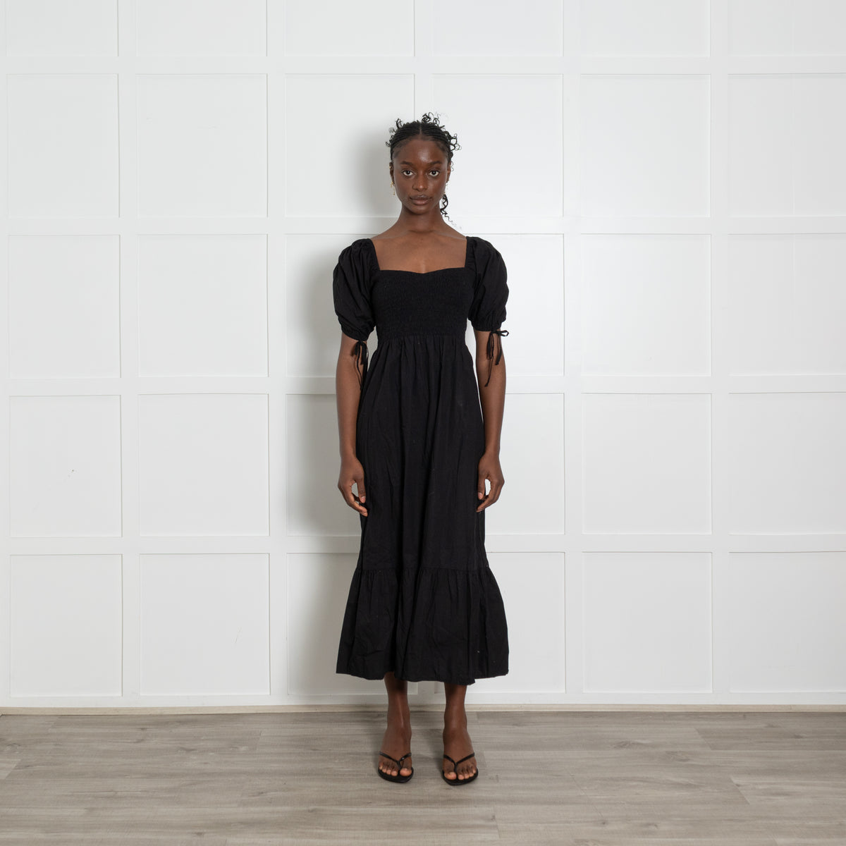 Faithfull The Brand Black Cotton Shirred Puff Sleeve Midi Dress