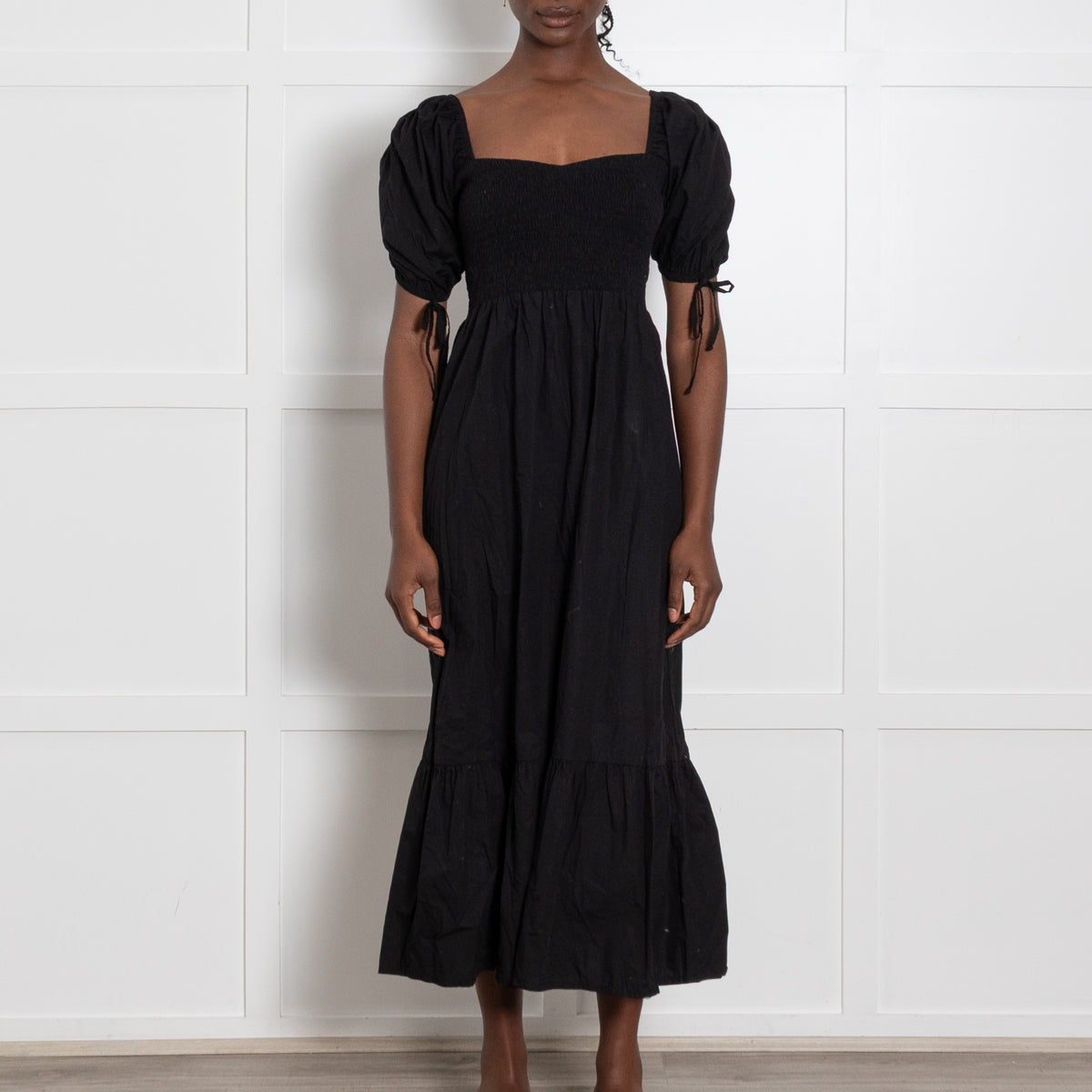 Faithfull The Brand Black Cotton Shirred Puff Sleeve Midi Dress