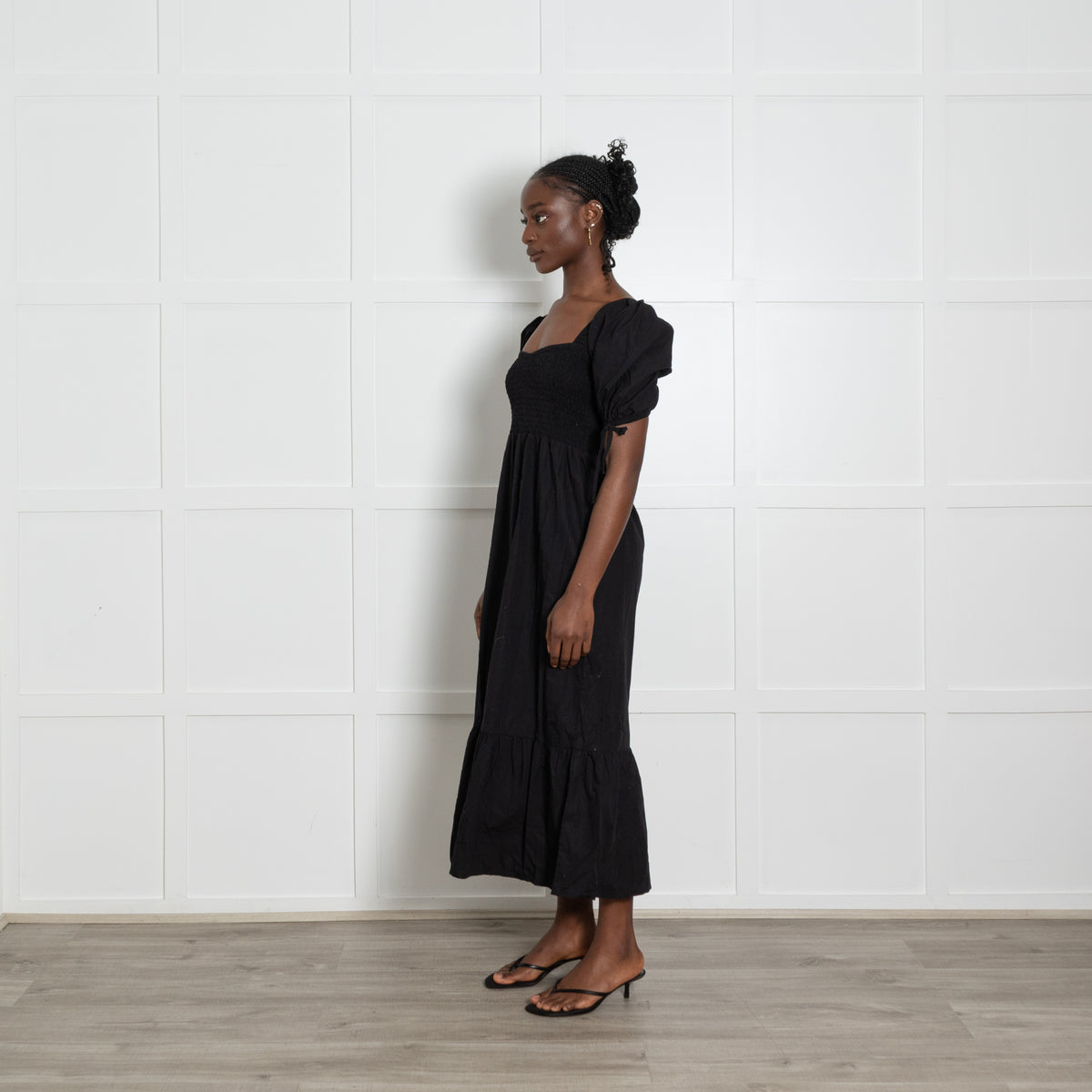 Faithfull The Brand Black Cotton Shirred Puff Sleeve Midi Dress