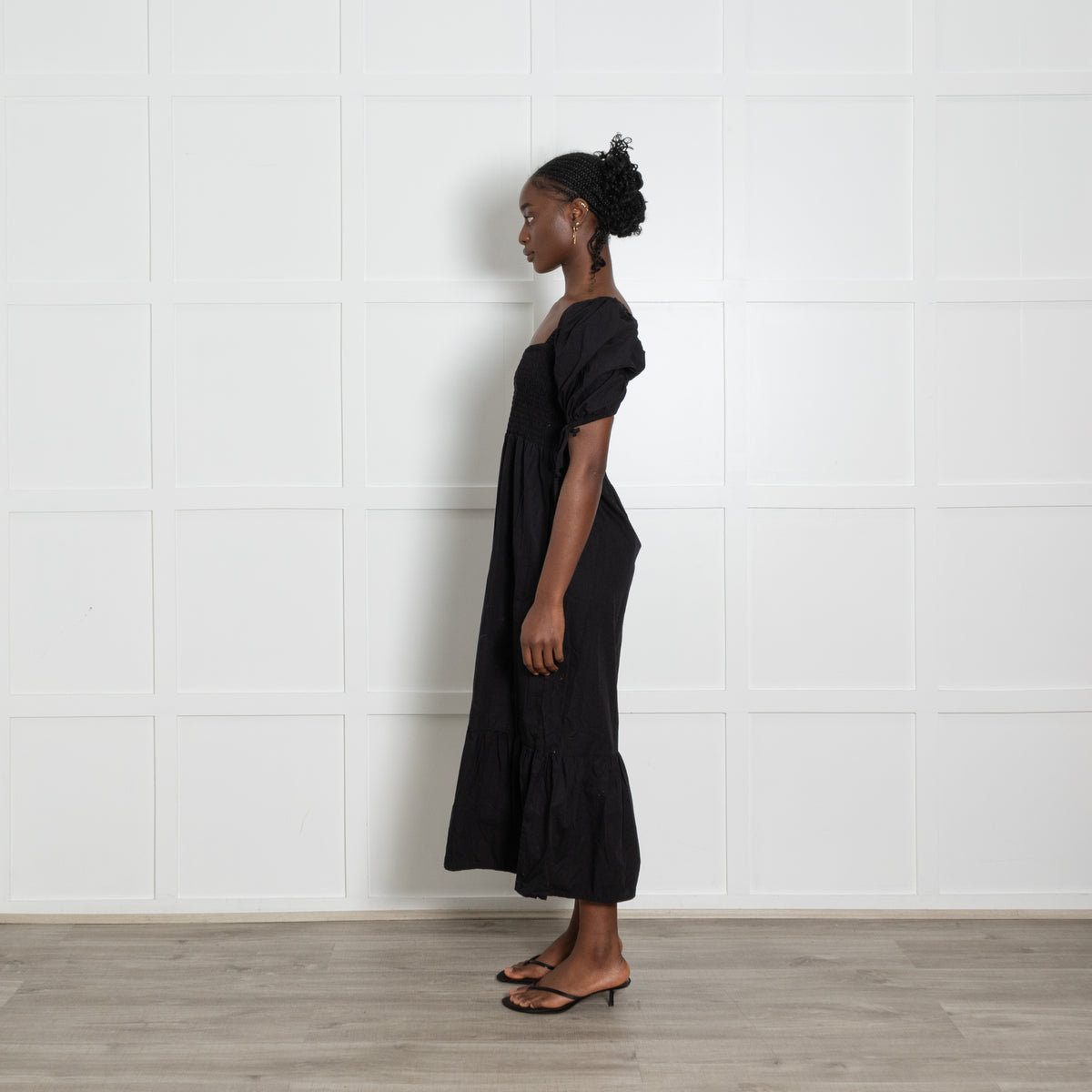 Faithfull The Brand Black Cotton Shirred Puff Sleeve Midi Dress