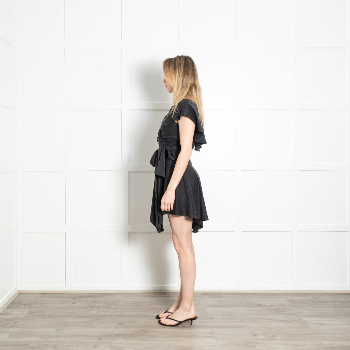 Zimmermann Dark Grey Wrap Style Ruffle One Shoulder Mini Dress