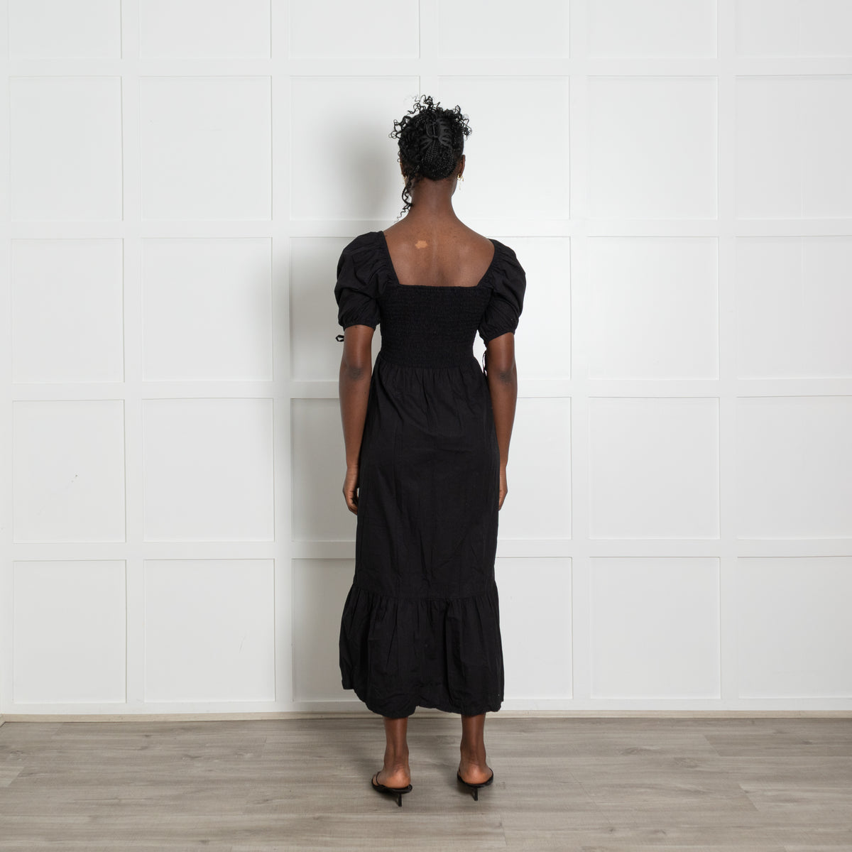 Faithfull The Brand Black Cotton Shirred Puff Sleeve Midi Dress