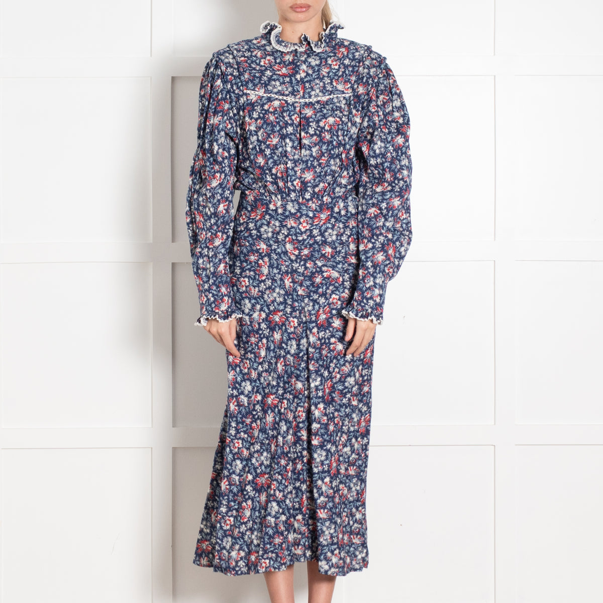Isabel Marant Etoile Navy Frill Neck Maxi Dress