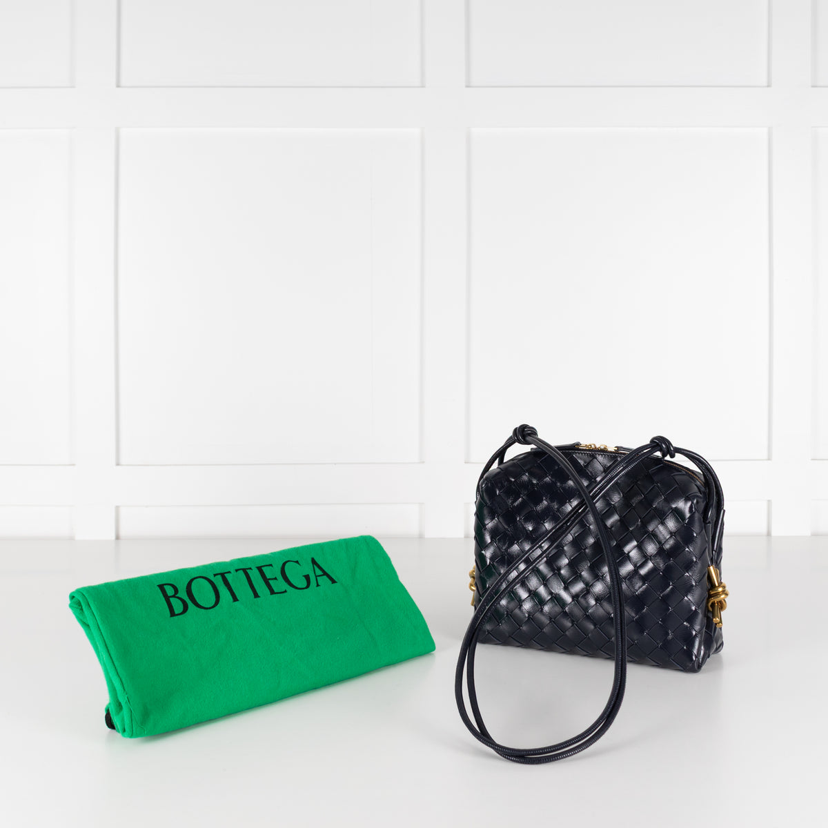 Bottega Veneta Navy Glossy Intrecciato Leather Loop Small Camera Bag