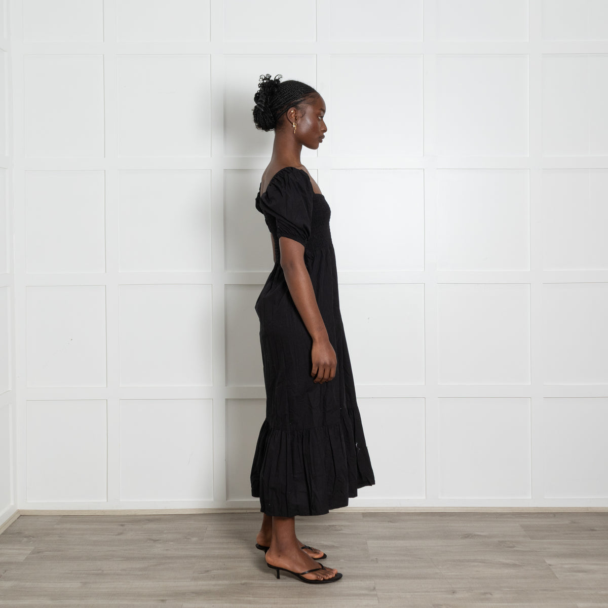 Faithfull The Brand Black Cotton Shirred Puff Sleeve Midi Dress
