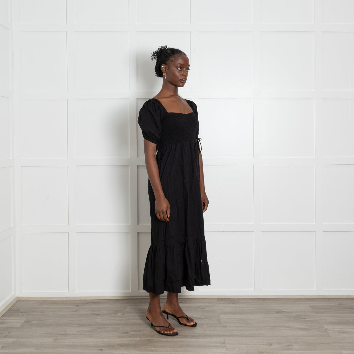 Faithfull The Brand Black Cotton Shirred Puff Sleeve Midi Dress