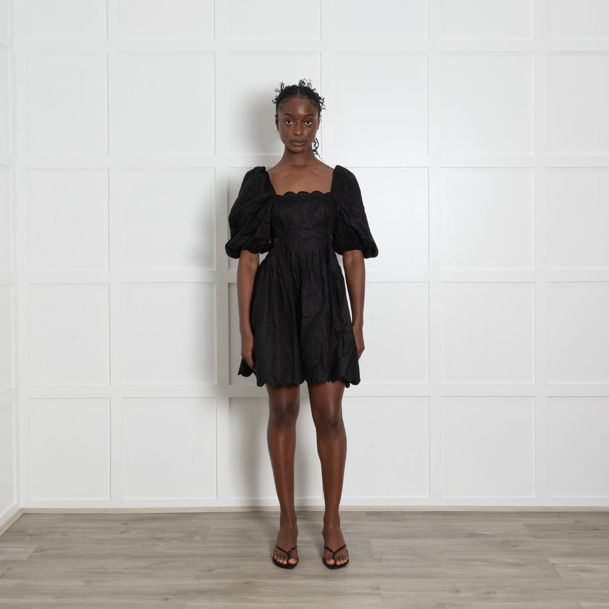 Zimmermann Black Linen Mini Dress With Puff Sleeve