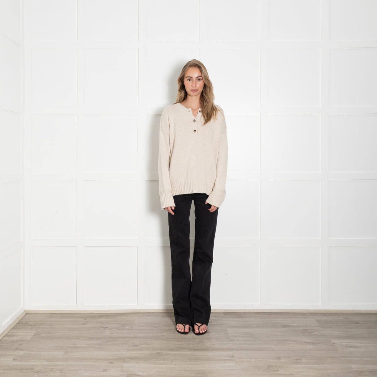 La Ligne Henley Oatmeal 3/4 Button Cashmere Jumper