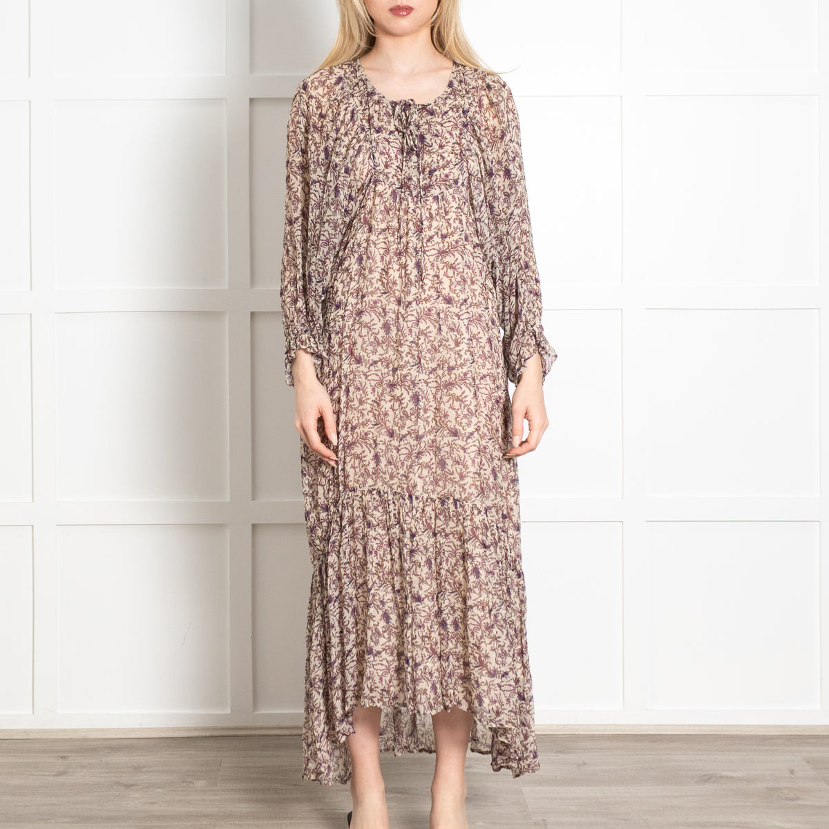 Moliin Cream Purple Floral Wide Sleeve Frill Trim Midi Dress