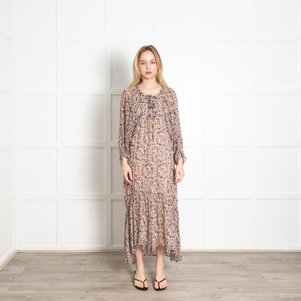Moliin Cream Purple Floral Wide Sleeve Frill Trim Midi Dress