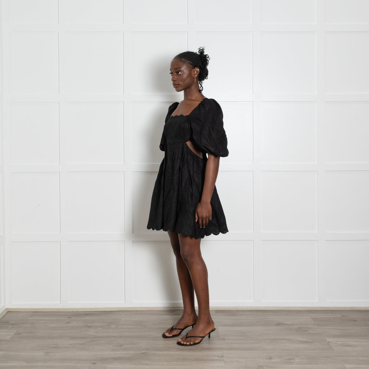Zimmermann Black Linen Mini Dress With Puff Sleeve