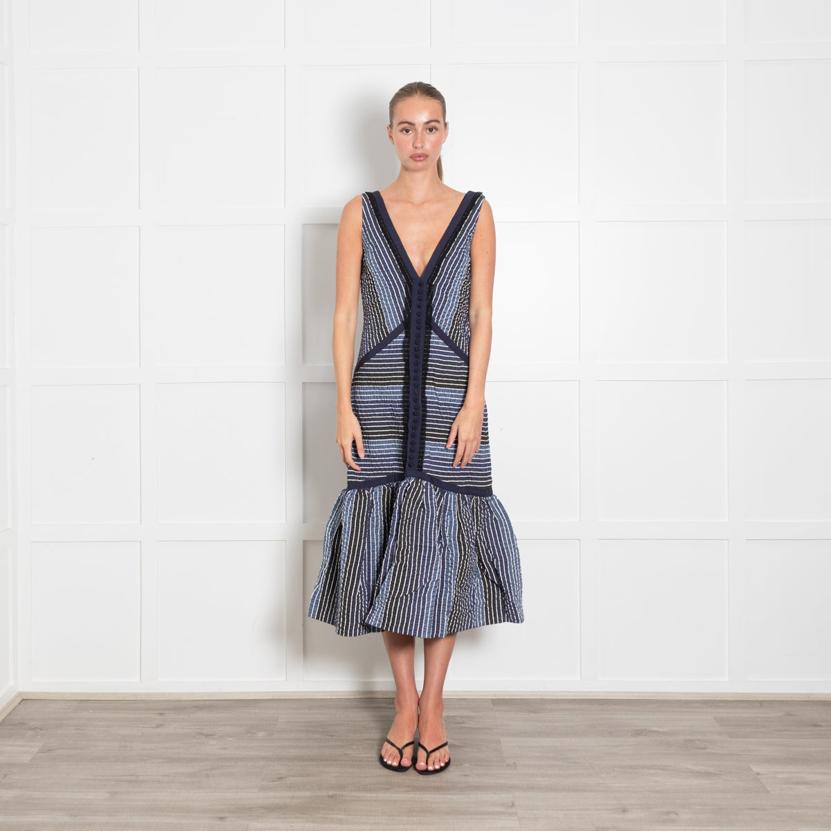 Erdem Blue Striped V Front And Back Sleeveless Dress