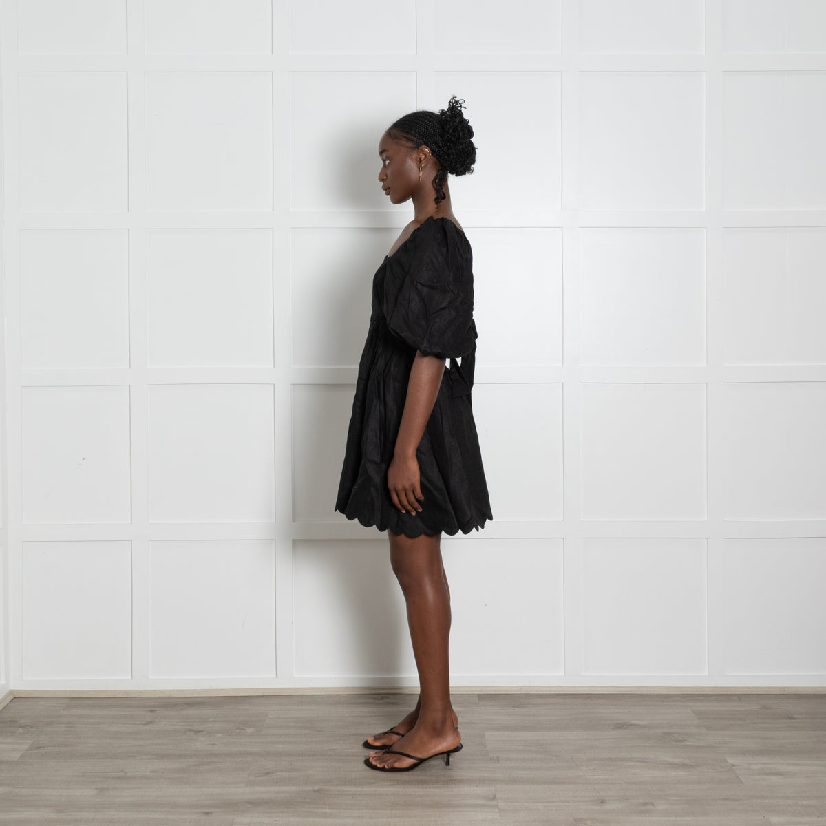 Zimmermann Black Linen Mini Dress With Puff Sleeve