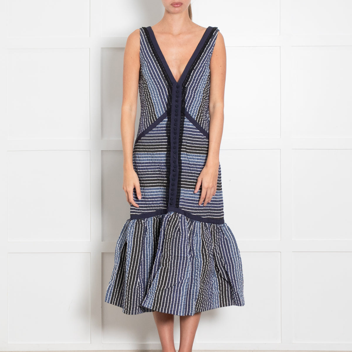 Erdem Blue Striped V Front And Back Sleeveless Dress