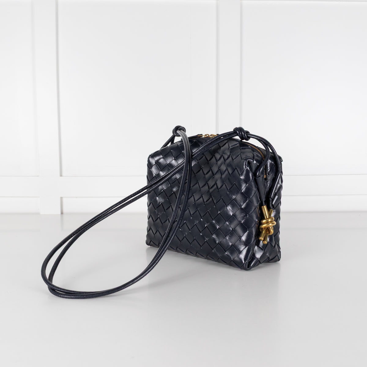 Bottega Veneta Navy Glossy Intrecciato Leather Loop Small Camera Bag