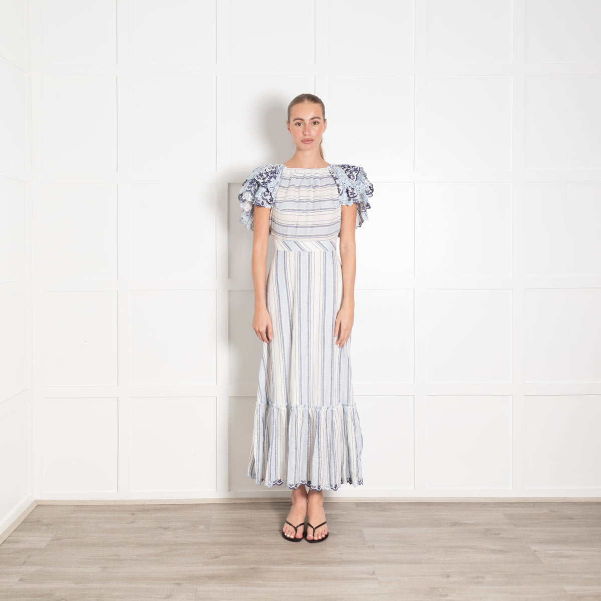 Gul Hurgel Blue Striped Broderie Sleeve Midi Dress