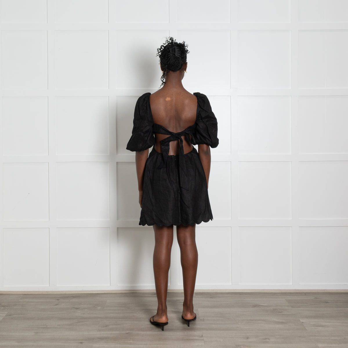 Zimmermann Black Linen Mini Dress With Puff Sleeve