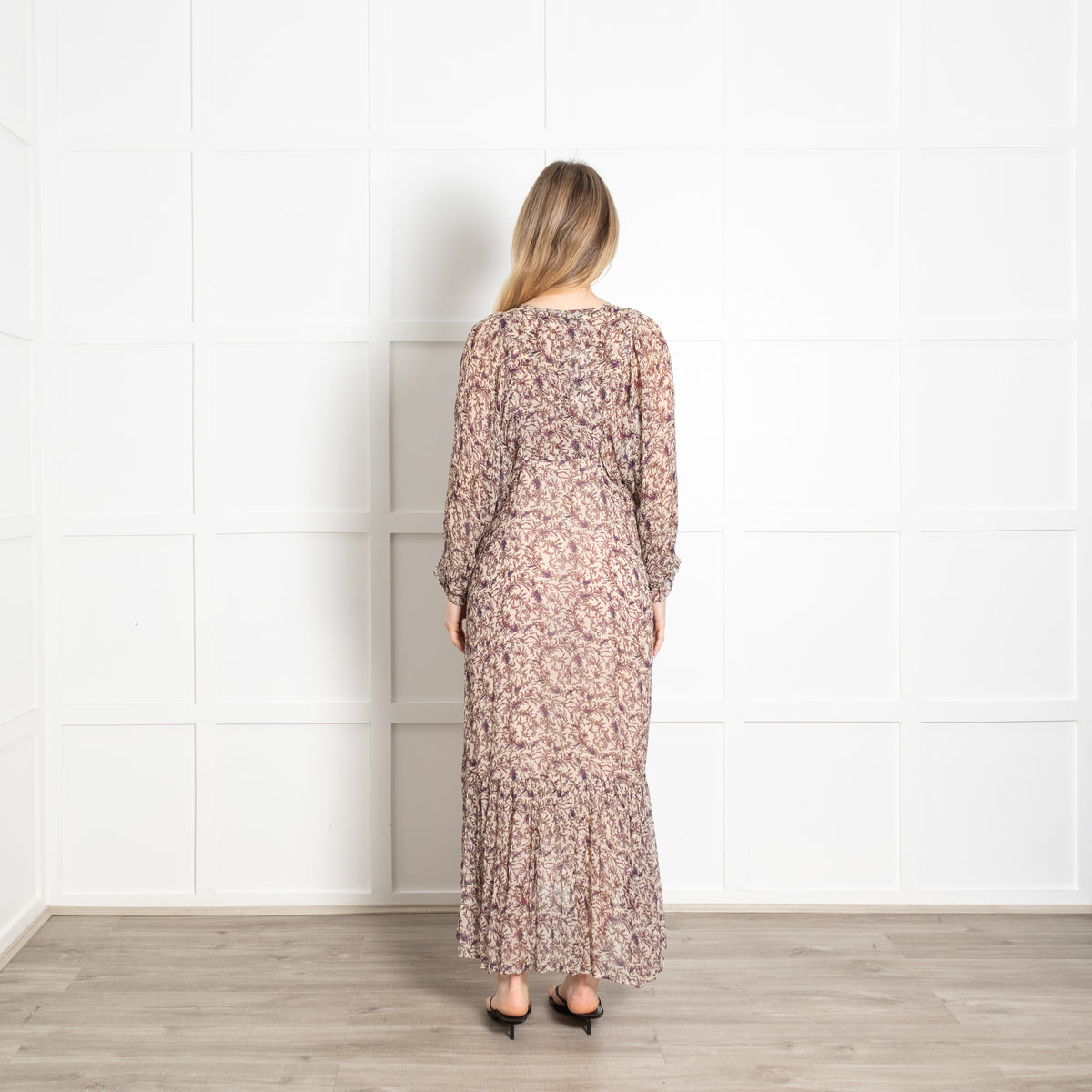 Moliin Cream Purple Floral Wide Sleeve Frill Trim Midi Dress