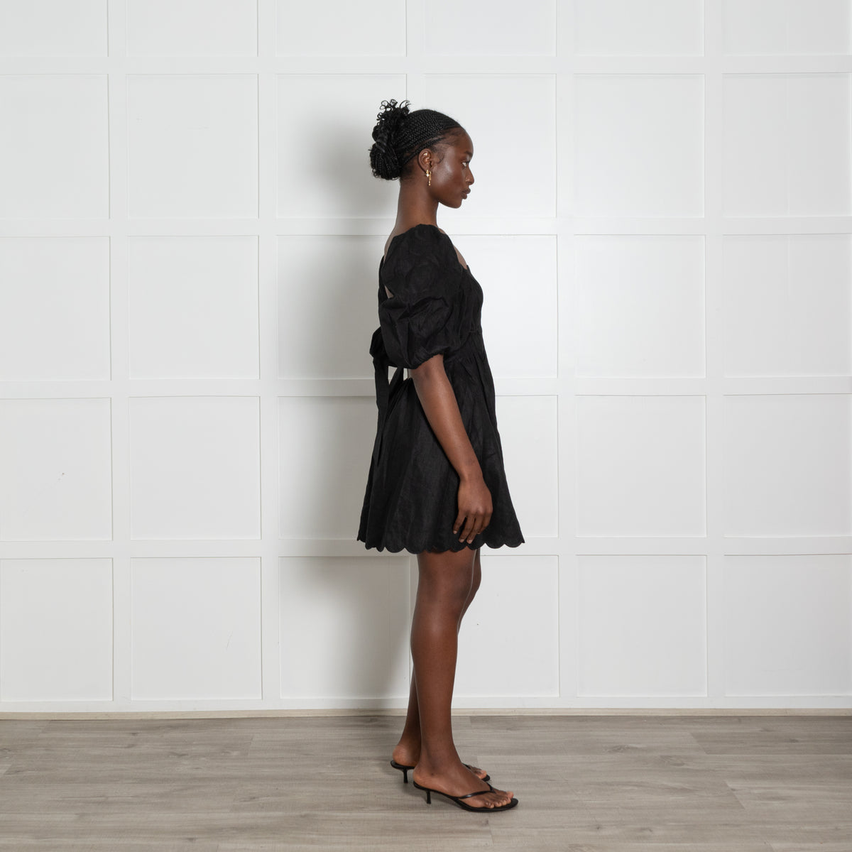 Zimmermann Black Linen Mini Dress With Puff Sleeve