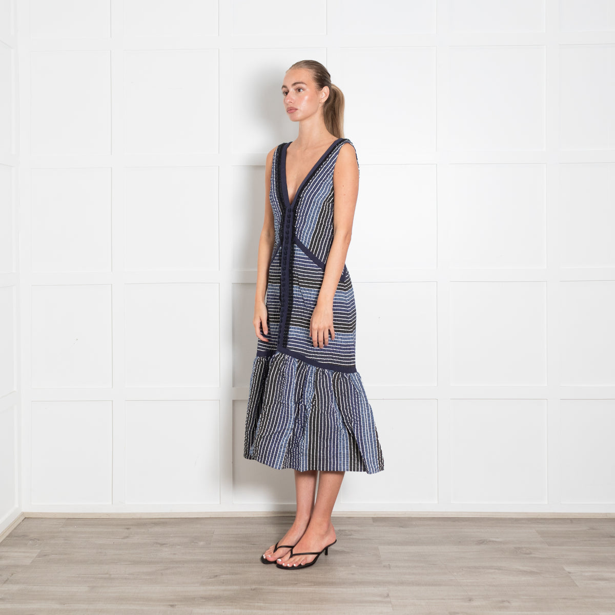 Erdem Blue Striped V Front And Back Sleeveless Dress