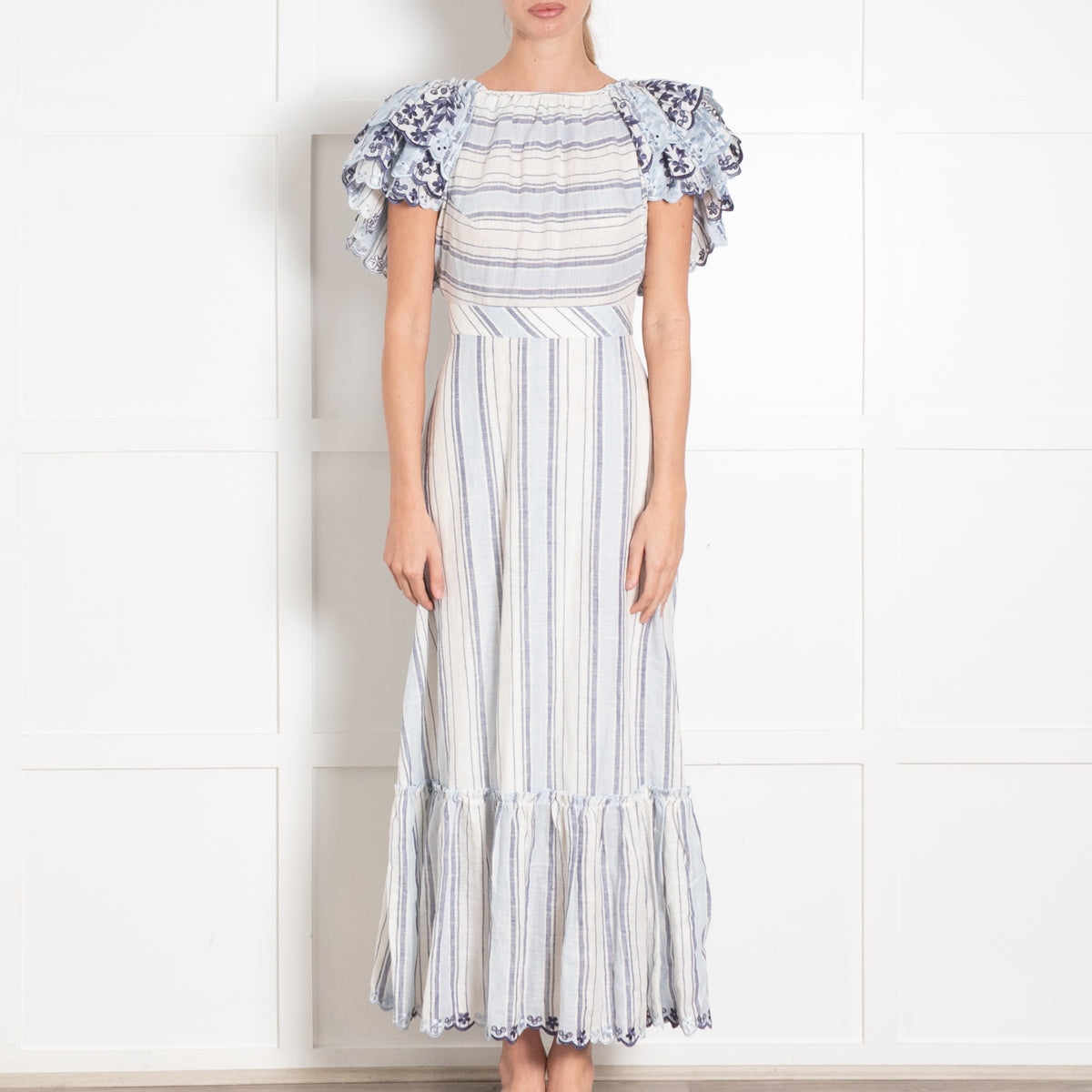 Gul Hurgel Blue Striped Broderie Sleeve Midi Dress
