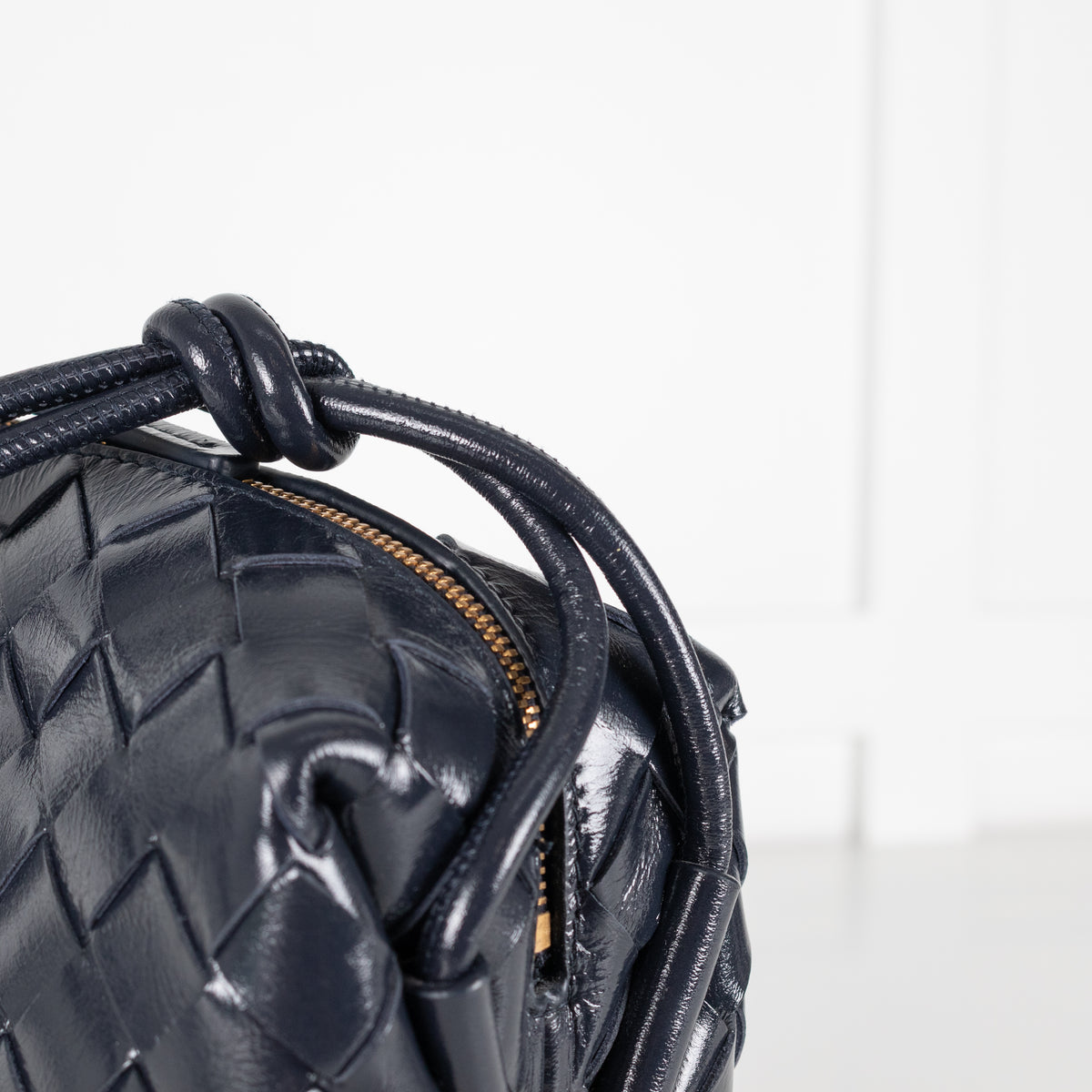 Bottega Veneta Navy Glossy Intrecciato Leather Loop Small Camera Bag
