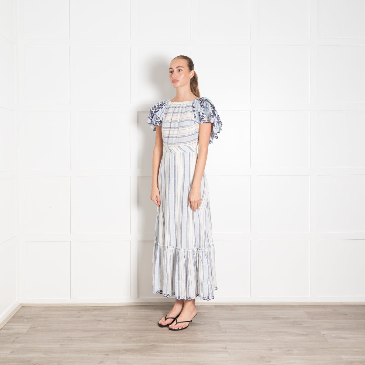 Gul Hurgel Blue Striped Broderie Sleeve Midi Dress