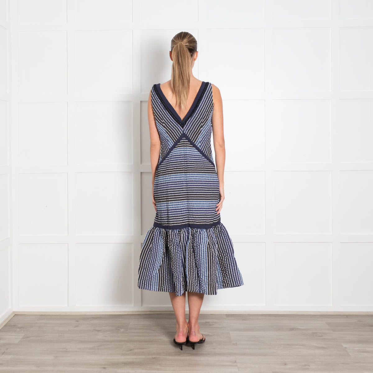 Erdem Blue Striped V Front And Back Sleeveless Dress