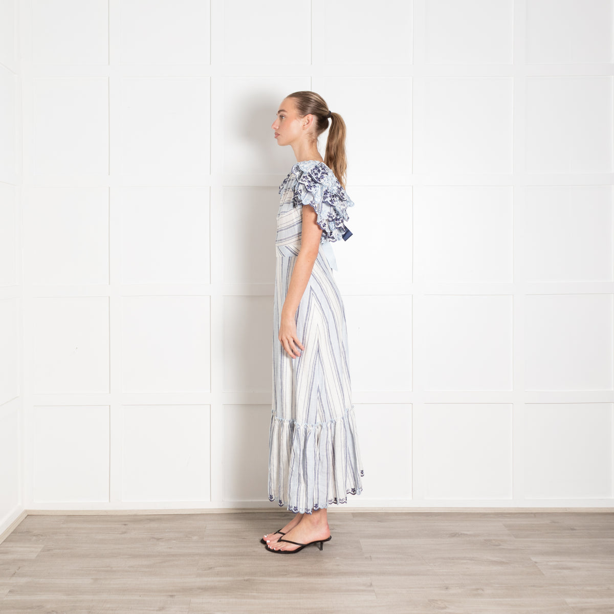 Gul Hurgel Blue Striped Broderie Sleeve Midi Dress