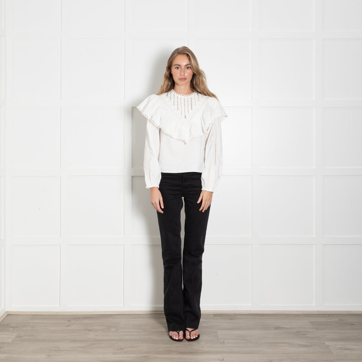 Sezane x Sea White Cotton Bib Front Frill Blouse