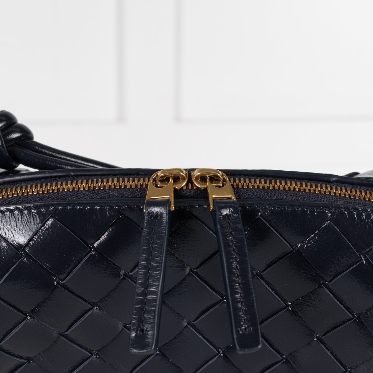 Bottega Veneta Navy Glossy Intrecciato Leather Loop Small Camera Bag