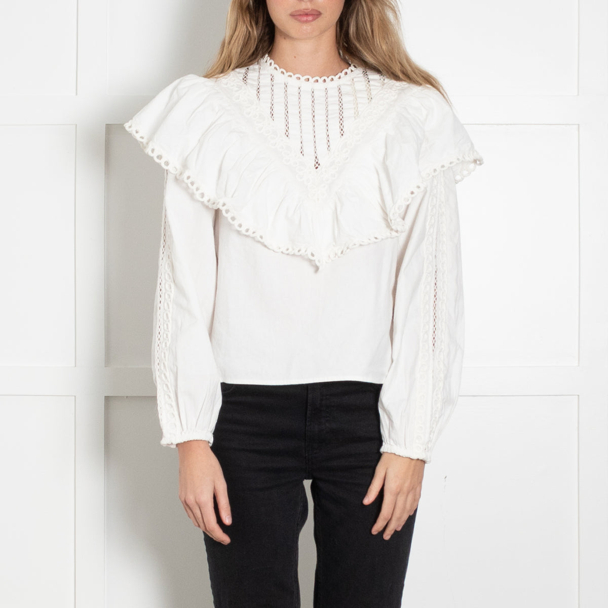 Sezane x Sea White Cotton Bib Front Frill Blouse