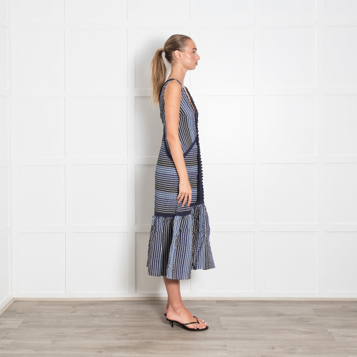 Erdem Blue Striped V Front And Back Sleeveless Dress